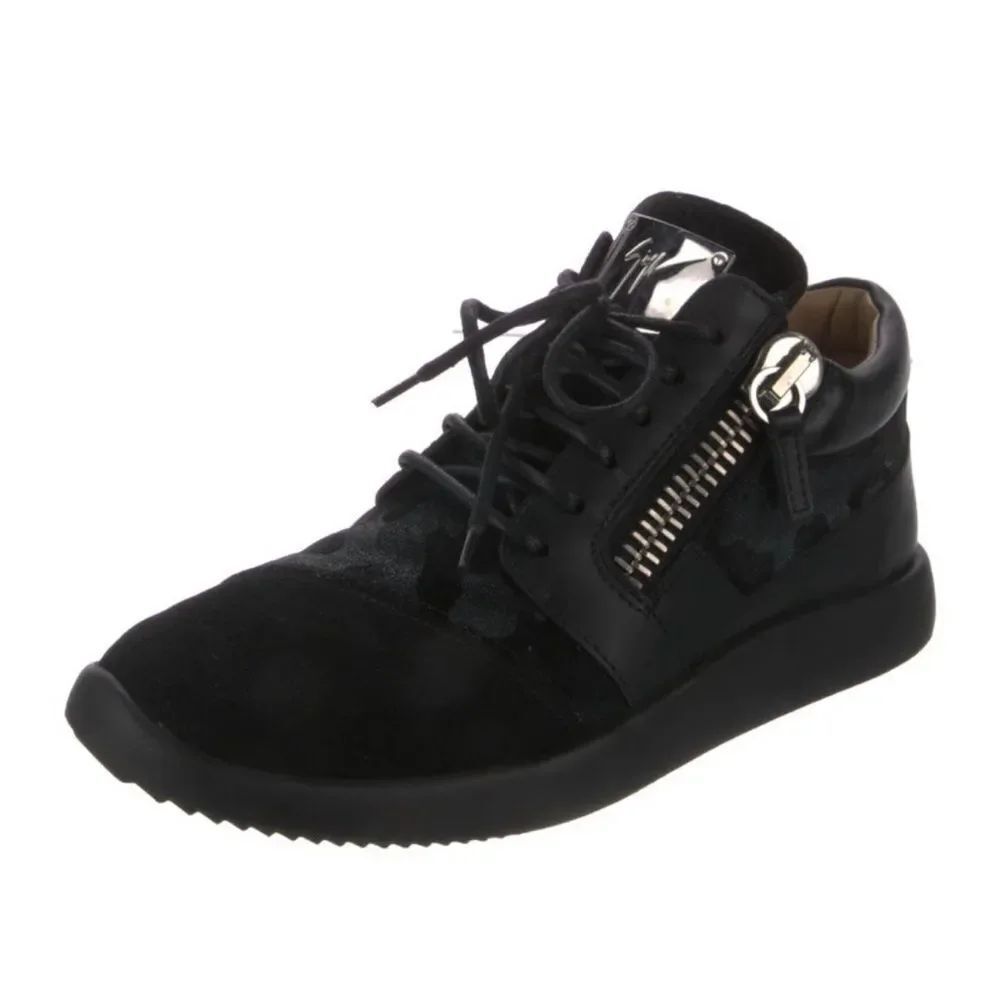 Giuseppe Zanotti Black Suede & Leather Lace-Up Sneaker with Side Zip